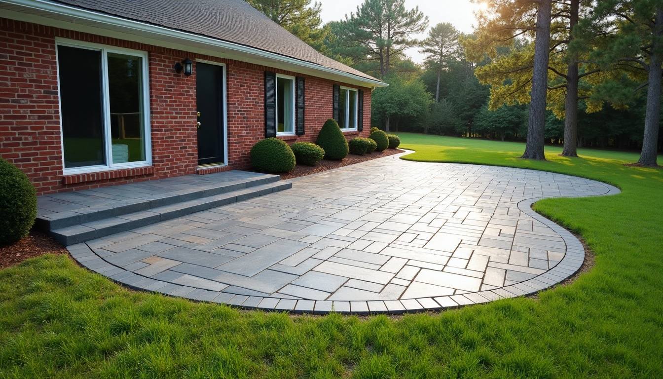 New stamped concrete patio behind a Florence home